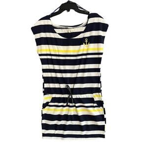 Beach By Exist Womens Medium Nautical Striped Navy White Yellow Drawstring Dress